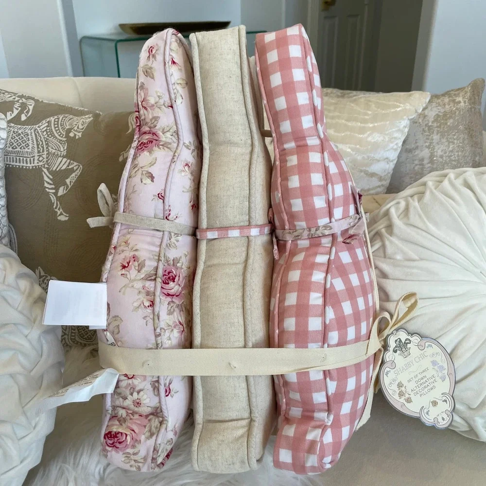 Easter SHABBY CHIC Bunny Rabbit Pillows Cottage Pink Floral Plaid Set of 3 NEW